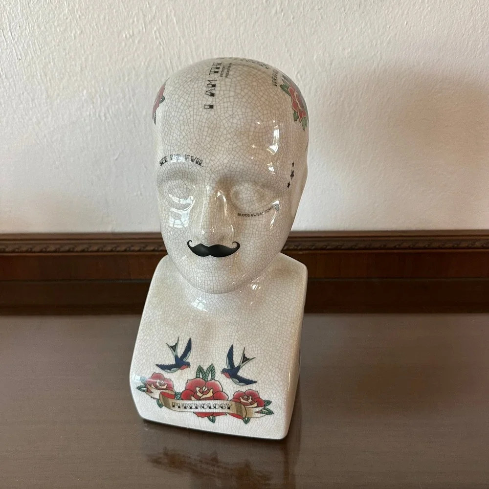 Traditional Tattooed Phrenology Head Bust Three Hands Corp Crackle Glazed